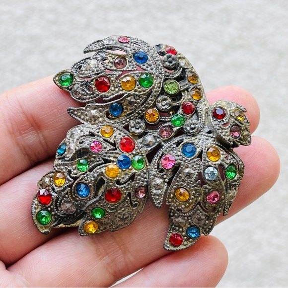 Vintage 1920s LITTLE NEMO rhinestone LEAF ART NOUVEAU DECO dress clip unsigned - Picture 2 of 4